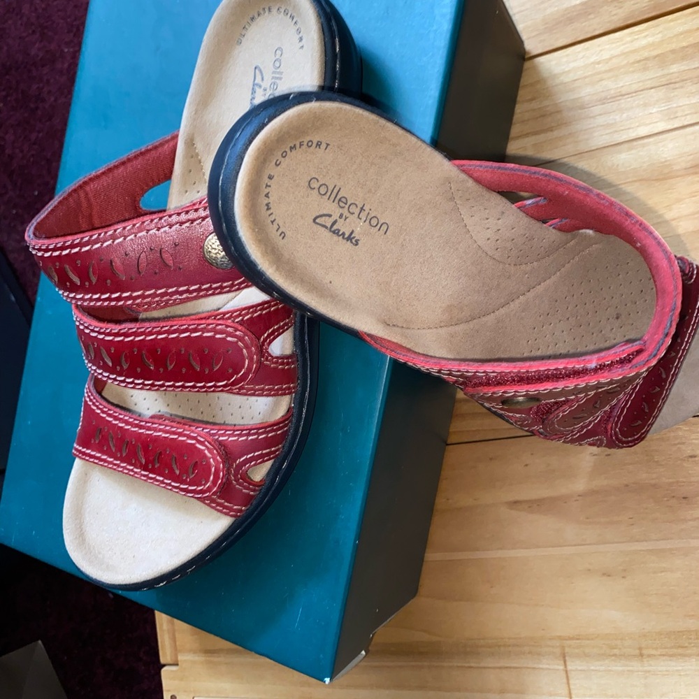 Clarks Red Sandals with Strappy Design and Comfortable Sole